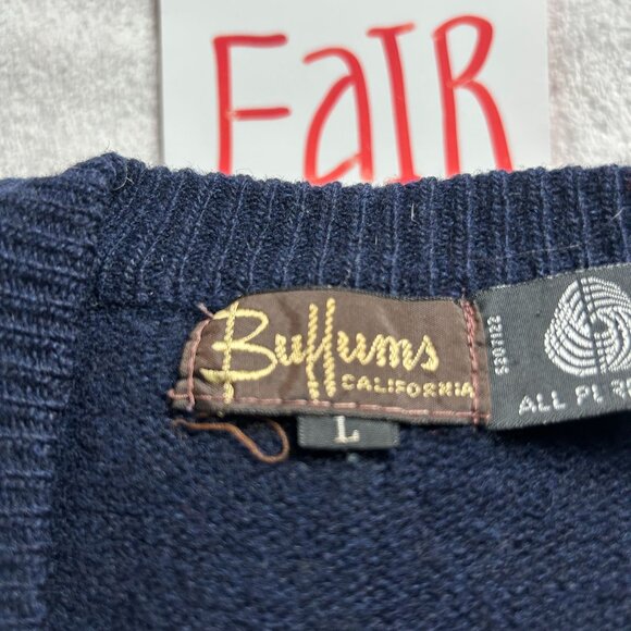 Vintage Buffums California Mens Navy Blue V-Neck Wool Sweater Large Pullover - Picture 9 of 9
